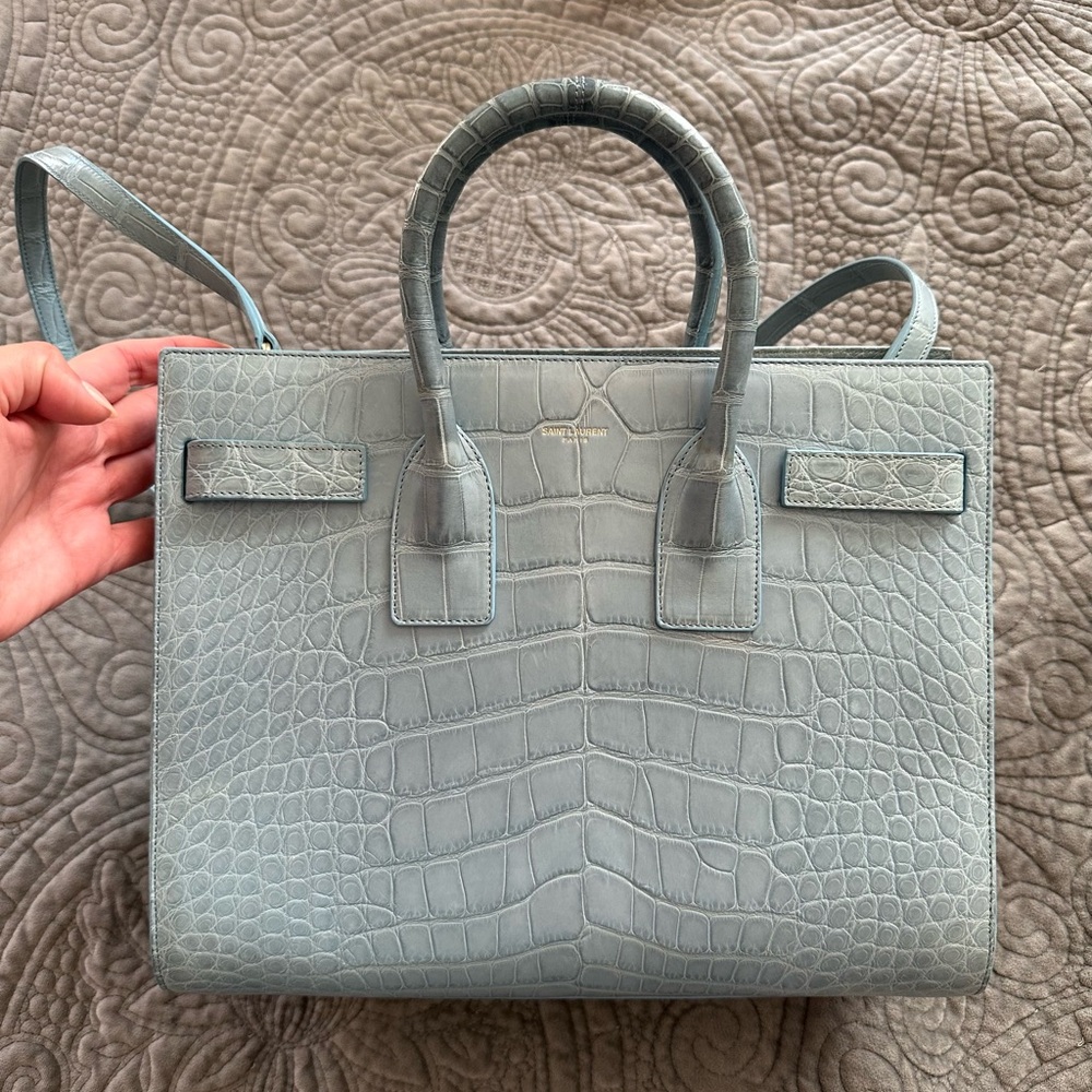 YSL SAINT LAURENT Gray Alligator sac de jour bag SMALL blue$33,500